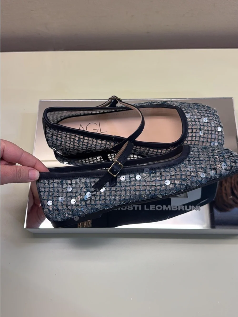 AGL made in Italy Black silver Sequin Mesh Mary Jane Flats NWT